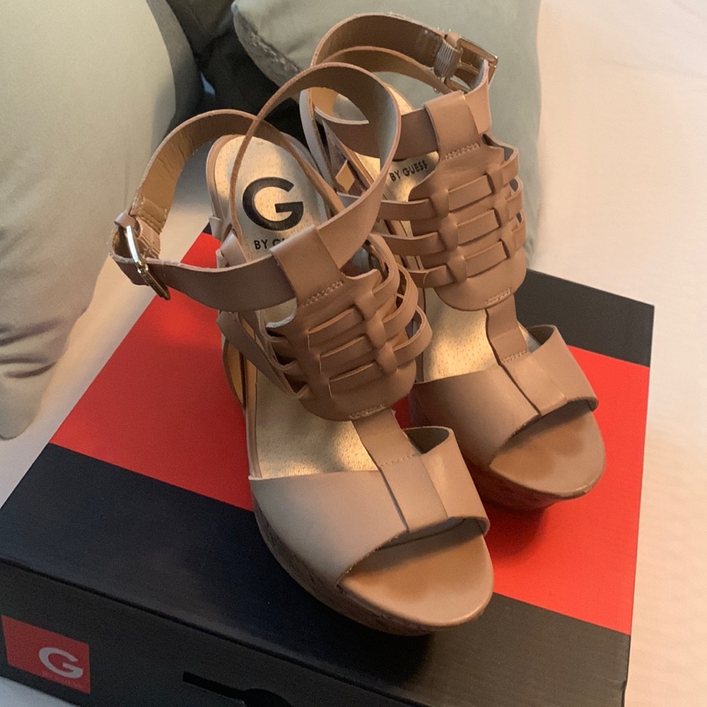 Tan wedge leather sandals gently used